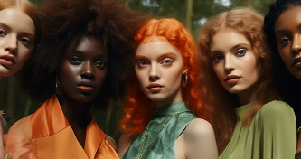 TechTalks Episode 09, Style3D: close-up of five models with varied hair colors wearing green and orange tops.