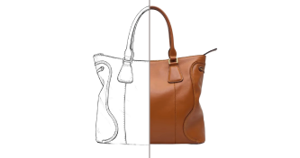 TechTalks Episode 01, RaspberryAI: a tan leather tote bag shown half as a line sketch and half as a photorealistic render.