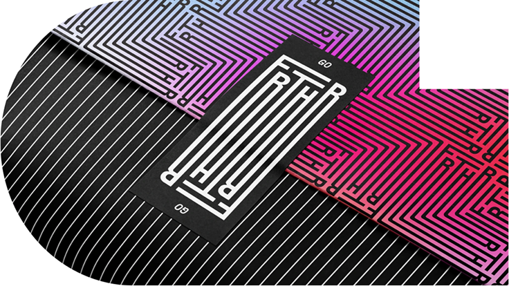FRTHR brand identity: a black card with a maze-style FRTHR wordmark on a purple-to-pink patterned surface.