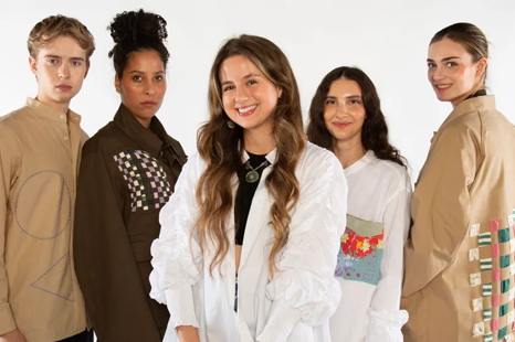 Bridgette Schaeffer, Class of 2024 Fashion Design, with her "Craftland" designs for Uniqlo's RE.LIVE collaboration with FIT.