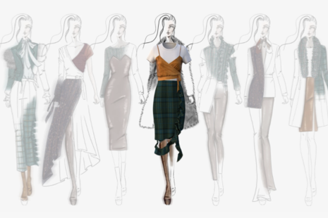 A 3D-rendered fashion model in an orange top and green skirt walks in front of a row of faded figure sketches.