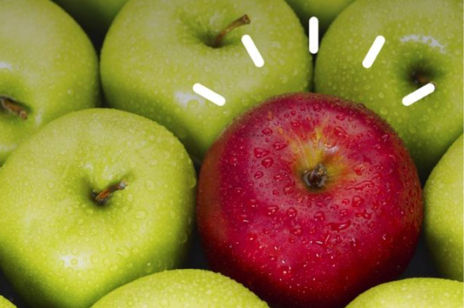 A single red apple among green apples, with white lines radiating above it like the IBM Watson logo.
