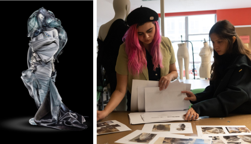 A composite of two photos: the Trapped by Uncertainty garment from the Unwearable Collection, and the student designers seated together at a table.