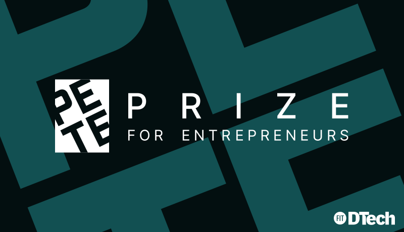 A flat graphic in dark teal and near-black, with oversized angular letterforms filling the background. At the center, a white square holds the letters PE and TE stacked in black, beside widely spaced white capitals reading PRIZE, with FOR ENTREPRENEURS underneath.