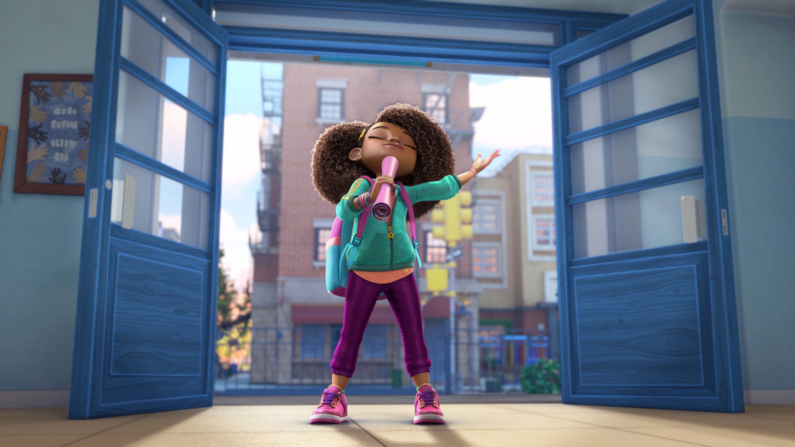 An animated still of a young girl with a large curly afro standing in a doorway, tall blue-painted double doors swung open behind her. She tilts her head back with eyes closed and one arm flung out, holding a rolled pink poster, wearing a teal hoodie, magenta joggers and pink sneakers.