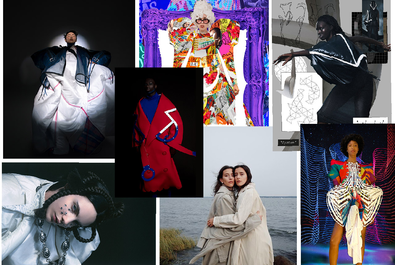 A collage of overlapping fashion photographs: a model in a voluminous white quilted gown with balloon sleeves; a model in a scarlet double-breasted coat with blue and white trim; a figure in a patchwork of floral and newsprint prints framed by an ornate purple picture frame; and a model in a rainbow-panelled garment against swirling blue and magenta light trails.