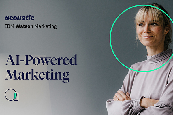 A presentation title slide on a grey background. At the upper left is the lowercase word acoustic in dark blue italic type above the line IBM Watson Marketing, and below it the large serif headline AI-Powered Marketing. On the right, a blond woman in a lilac turtleneck stands with her arms folded, a thin mint-green circle drawn around her head and shoulders.
