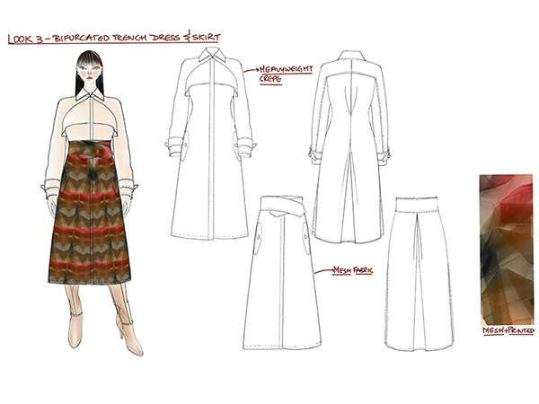 A fashion design presentation board. At the left is a sketched female figure in a white wrapped top and an A-line skirt printed with a rippling red, brown and olive wave pattern. To the right are four black-and-white technical flat drawings of a trench coat, a wrapped skirt and wide-leg trousers, with handwritten red annotations and a printed fabric swatch.