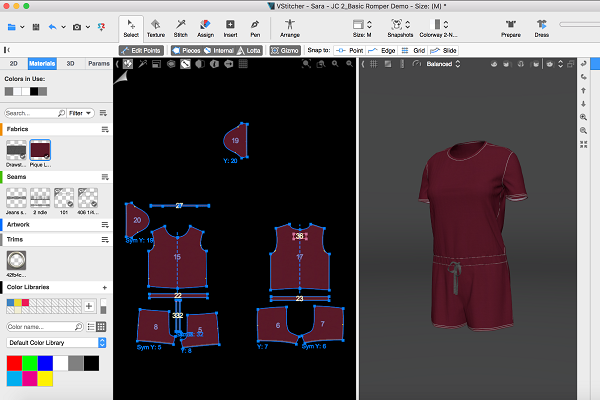 A screenshot of the VStitcher 3D apparel design program. The center panel shows flat garment pattern pieces for a romper outlined in bright blue on black, each numbered and annotated. The right panel shows the finished garment rendered in three dimensions in dark burgundy on an invisible body form.