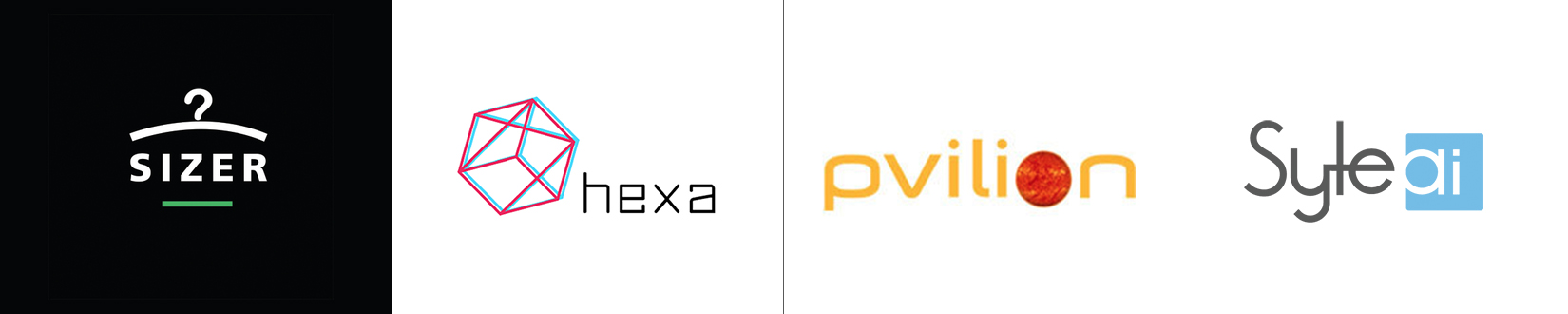 A wide white banner divided into four panels, each holding a company logo: SIZER in white capitals on a black square beneath a clothes hanger symbol; the lowercase word hexa beside an open cube outlined in pink and cyan; the lowercase word pvilion in orange with a mottled sphere in place of an o; and the word Syte in grey script with the letters ai on a light blue square.