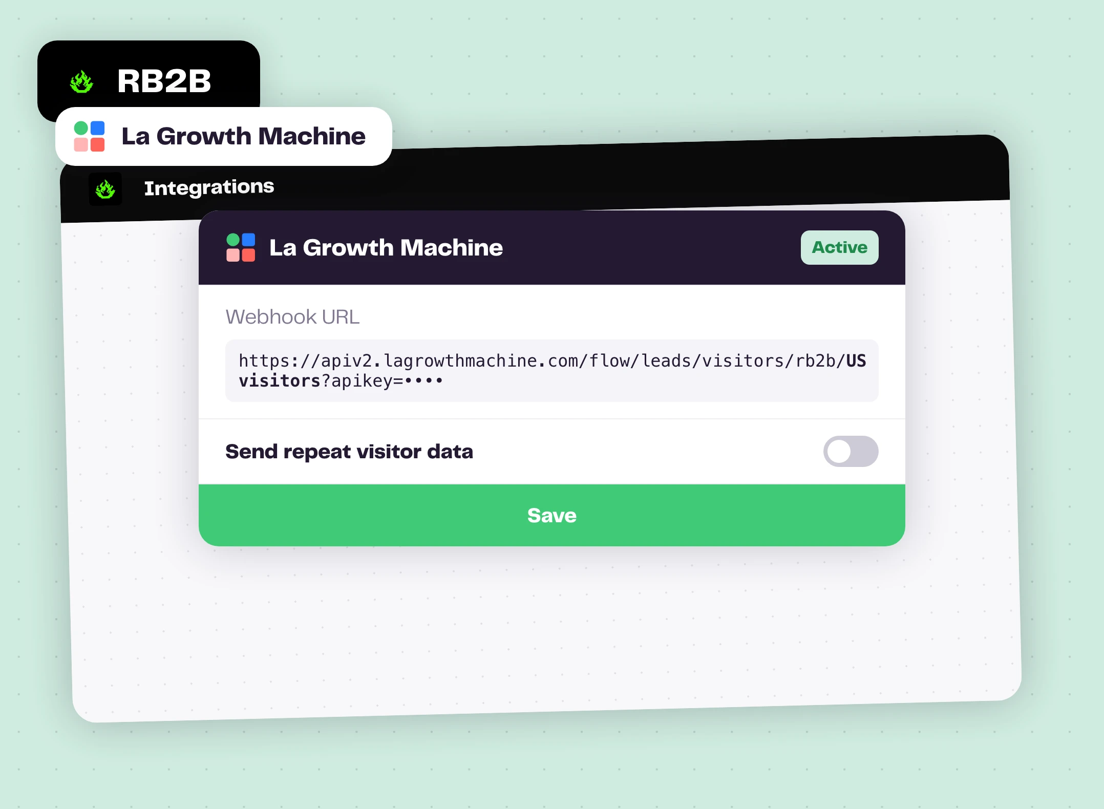 The La Growth Machine integration in RB2B with the webhook URL