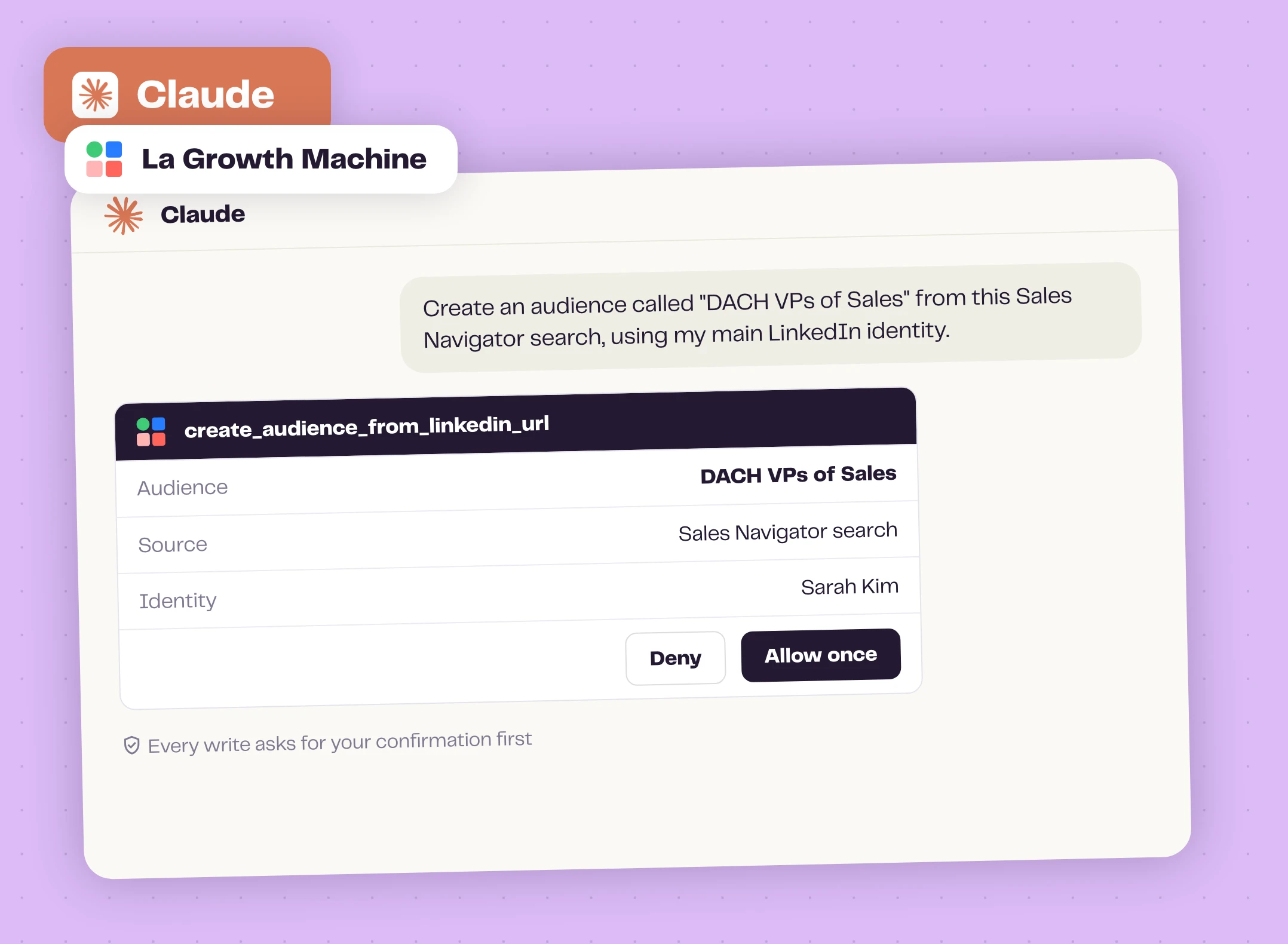 Claude asking confirmation before creating a La Growth Machine audience