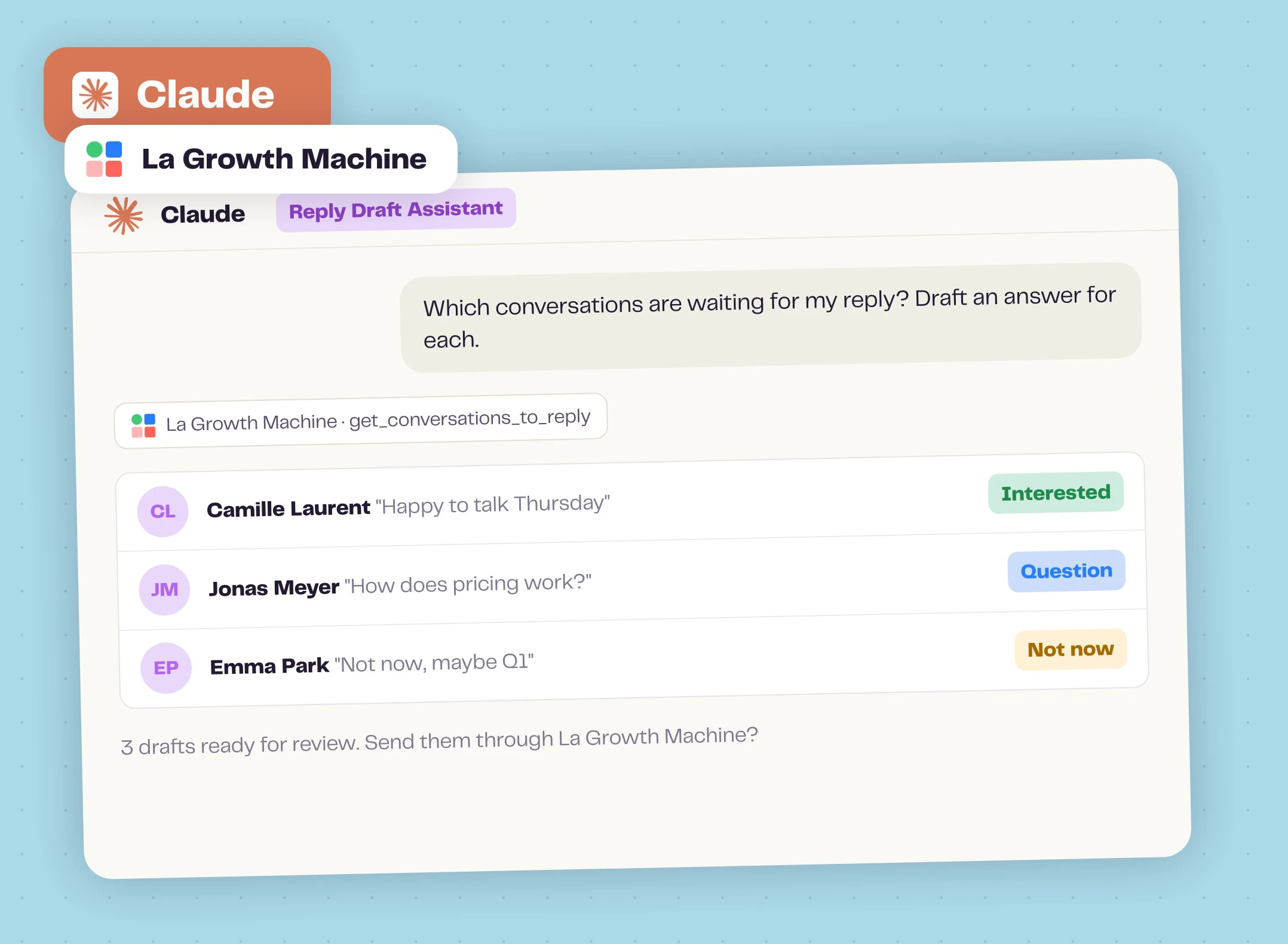 The Reply Draft Assistant skill triaging La Growth Machine conversations in Claude