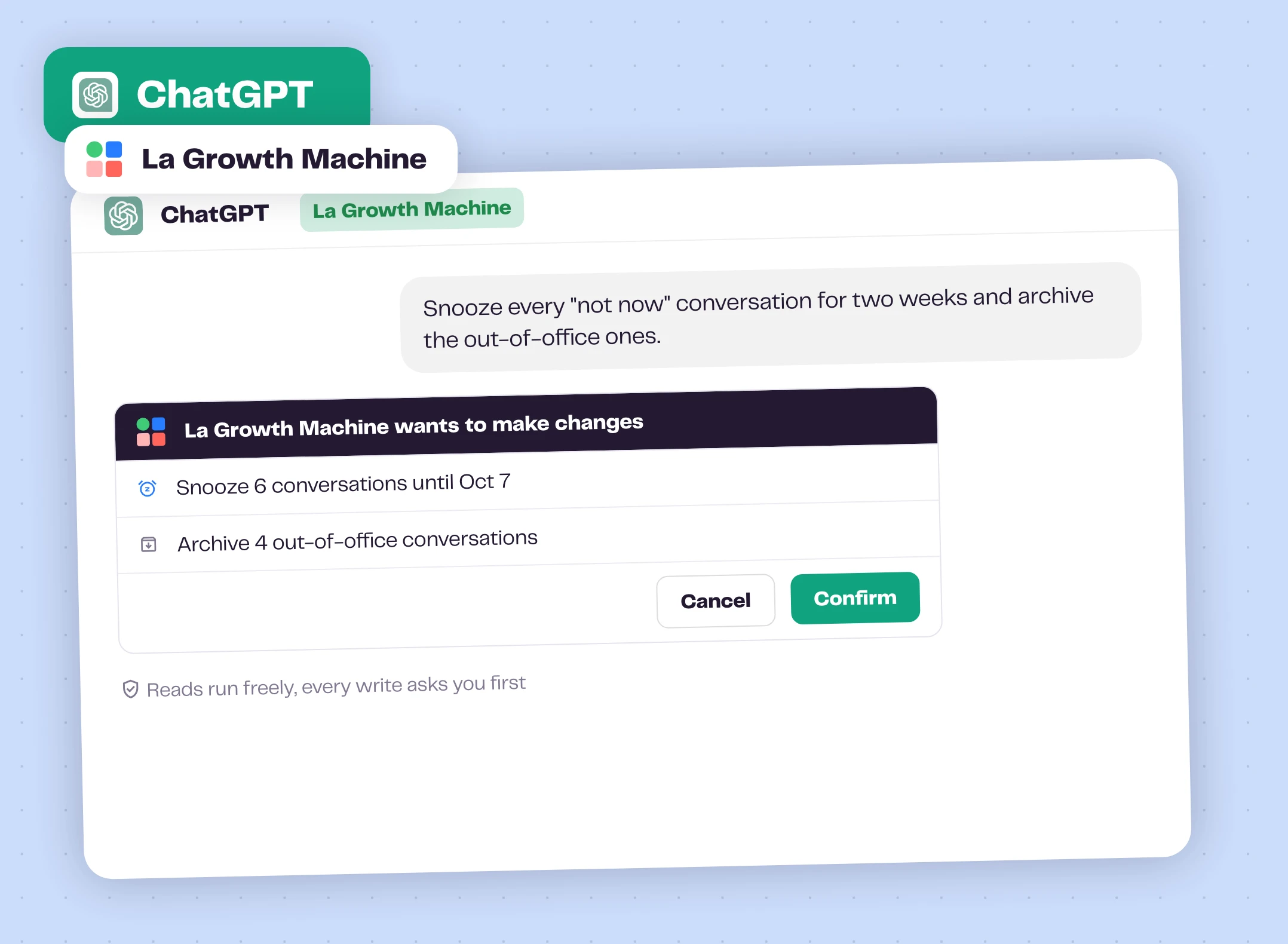 ChatGPT asking confirmation before snoozing and archiving La Growth Machine conversations