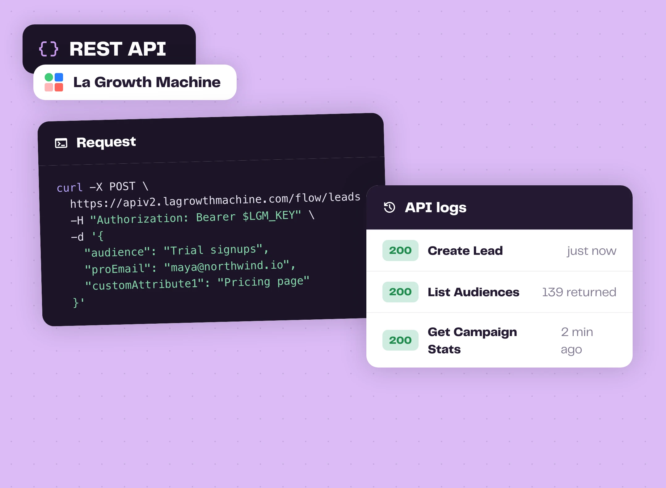 A La Growth Machine API request and the API logs