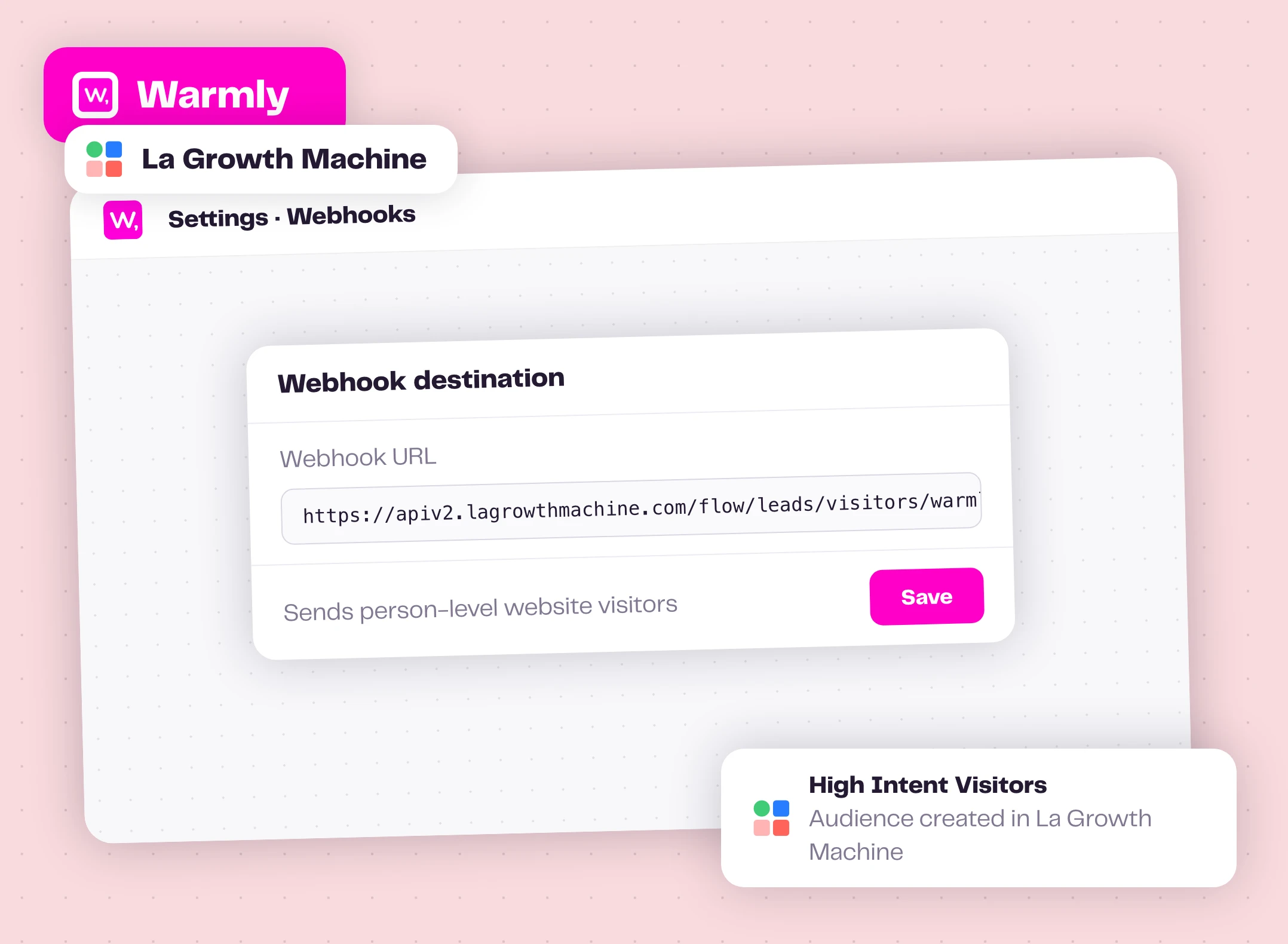 The La Growth Machine webhook URL pasted in Warmly webhook settings
