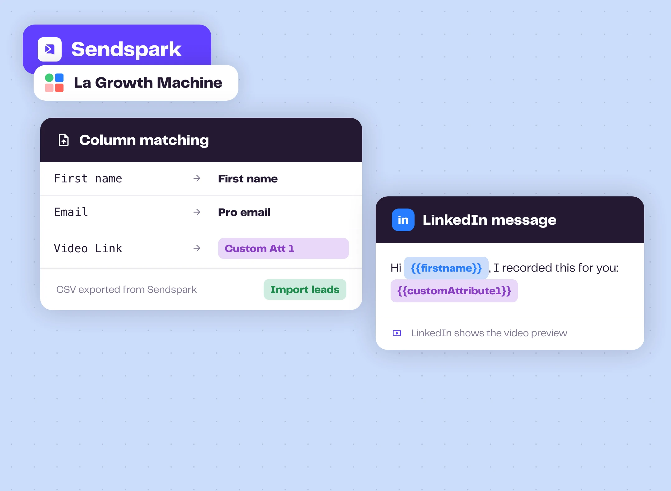 The Sendspark Video Link column mapped to a La Growth Machine custom attribute, used in a LinkedIn message