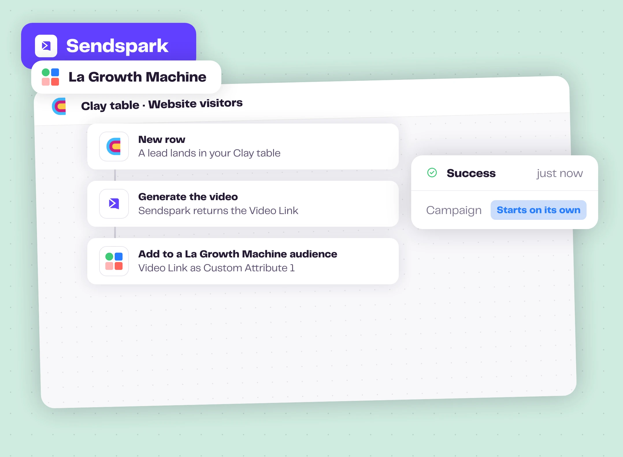 A Clay table generating a Sendspark video and adding the lead to a La Growth Machine audience