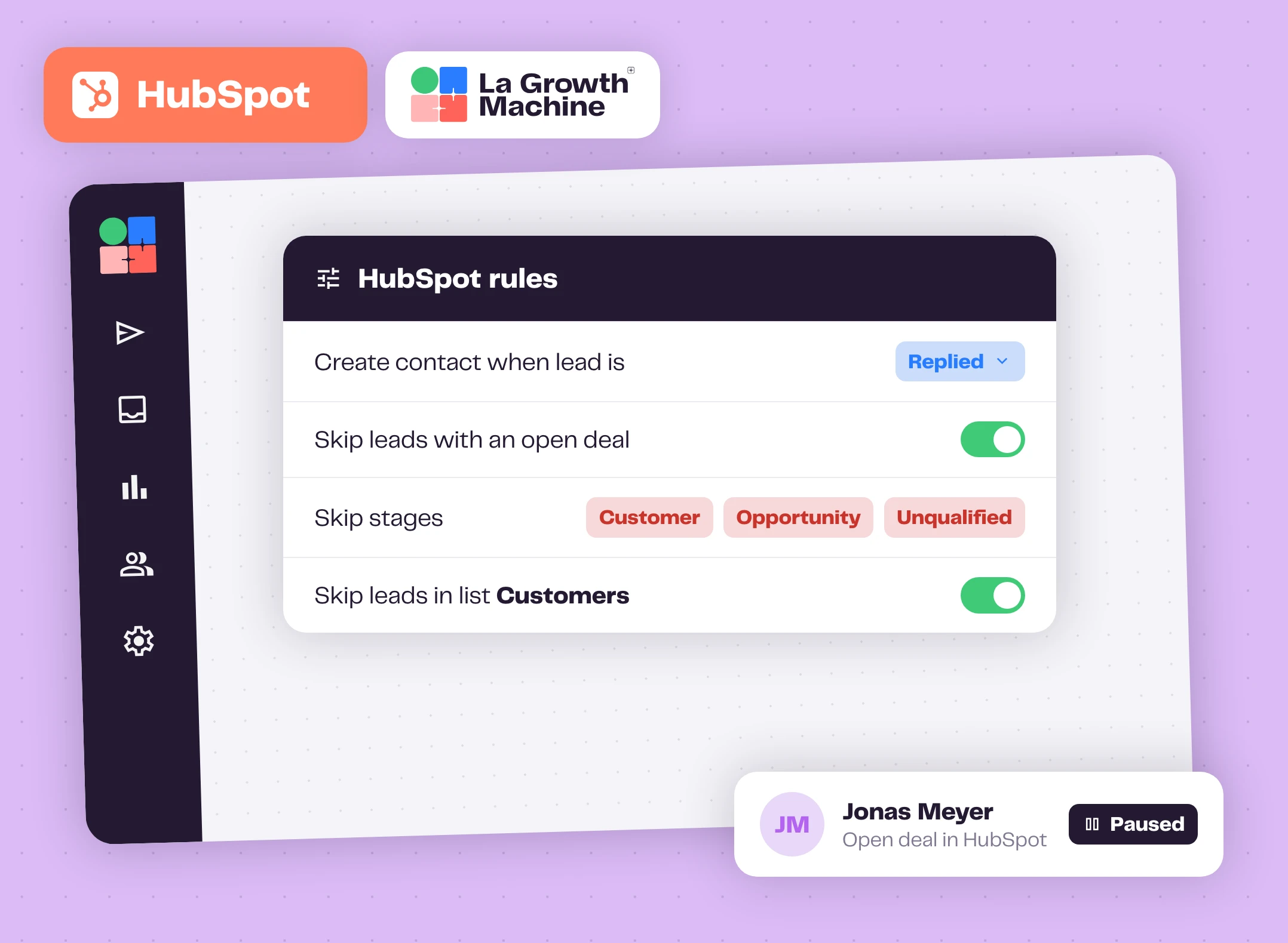 HubSpot rules in La Growth Machine: contact creation trigger, open deal and lifecycle stage skip rules