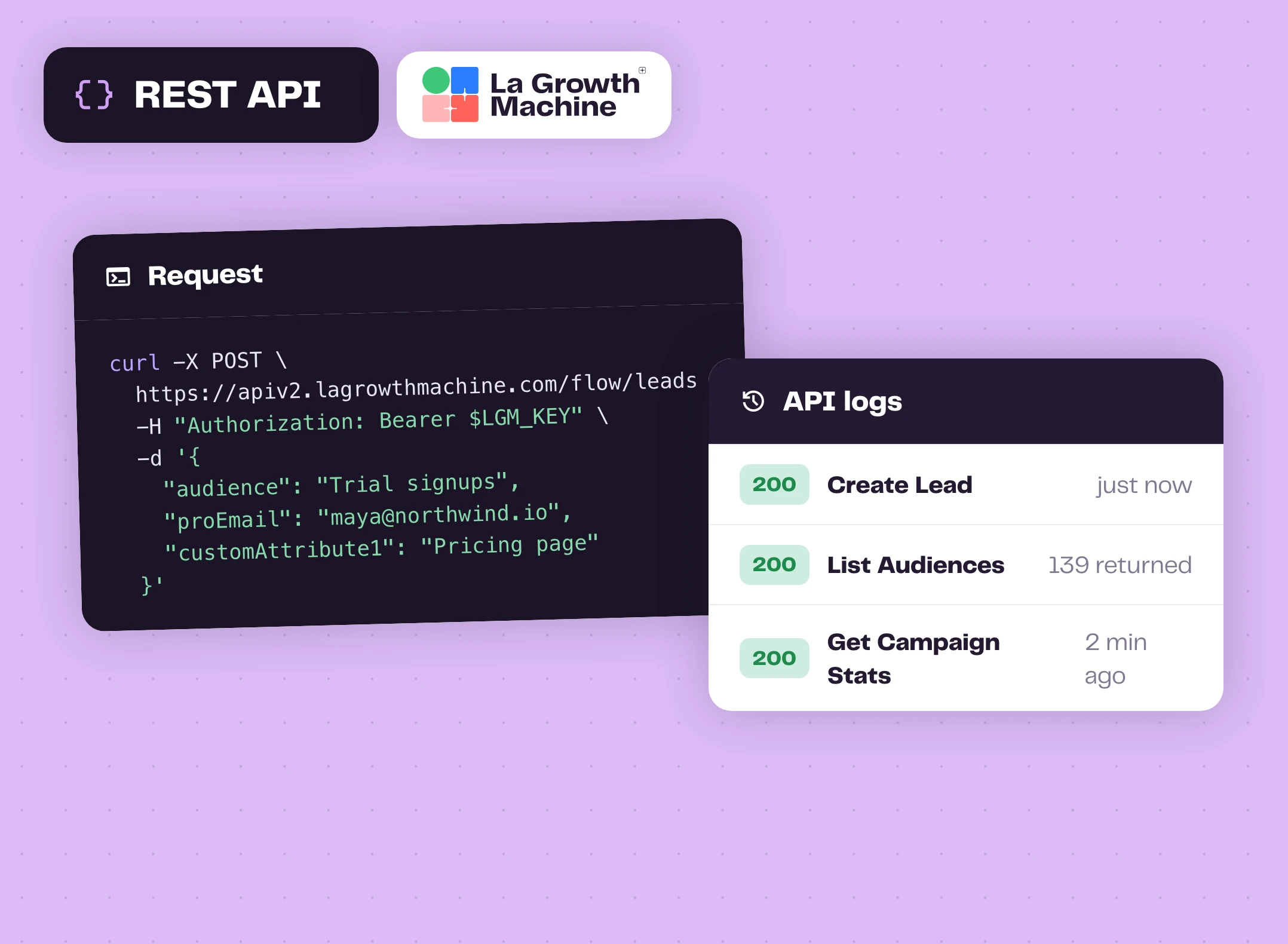 A La Growth Machine API request and the API logs