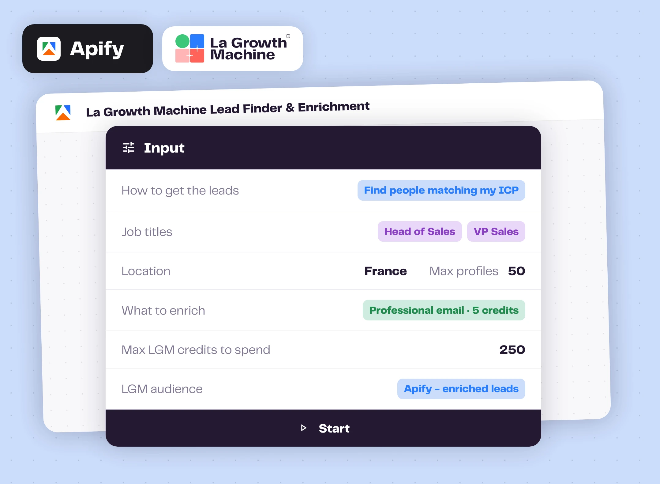 The input form of the La Growth Machine Lead Finder and Enrichment Actor on Apify