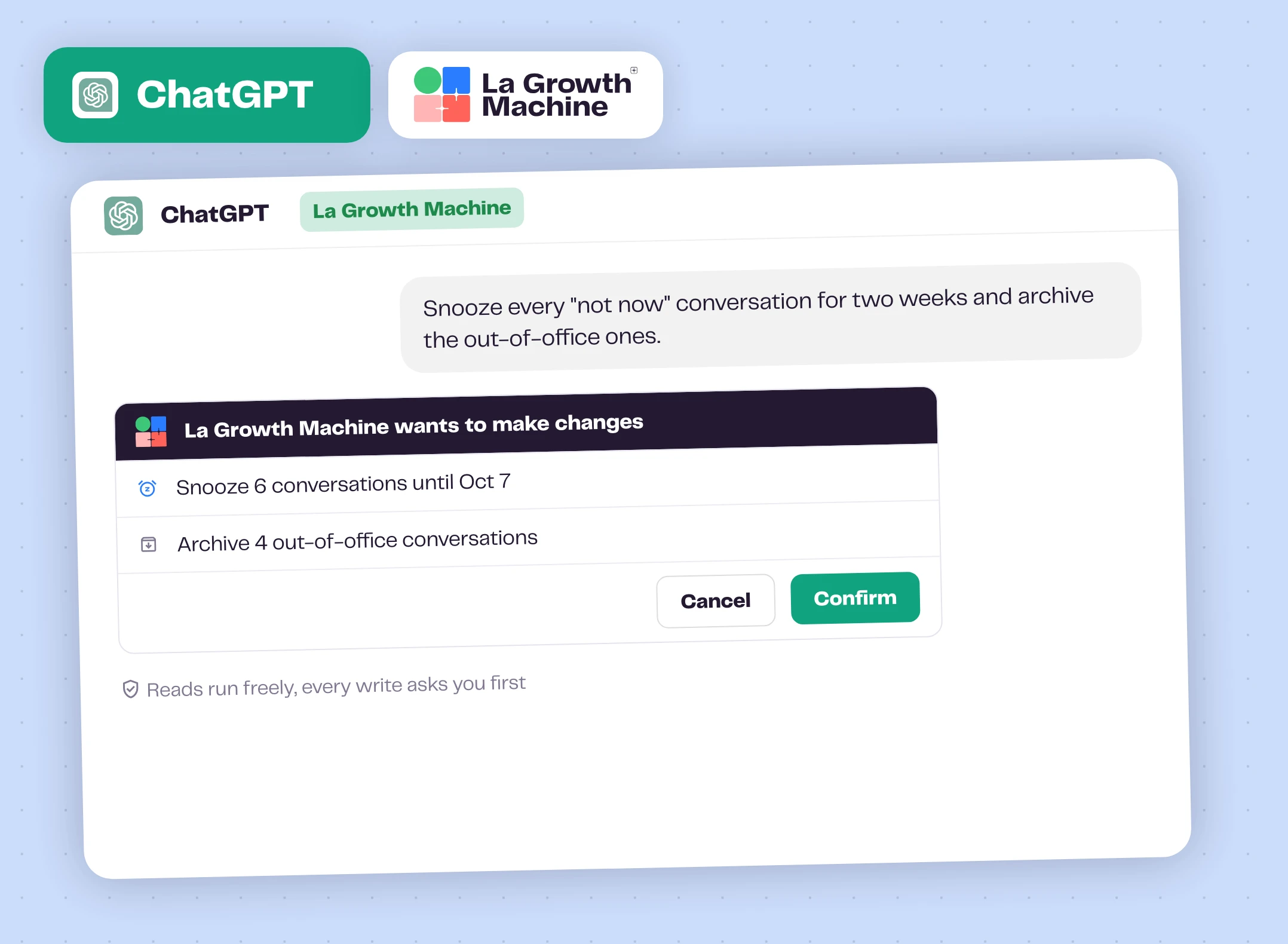 ChatGPT asking confirmation before snoozing and archiving La Growth Machine conversations
