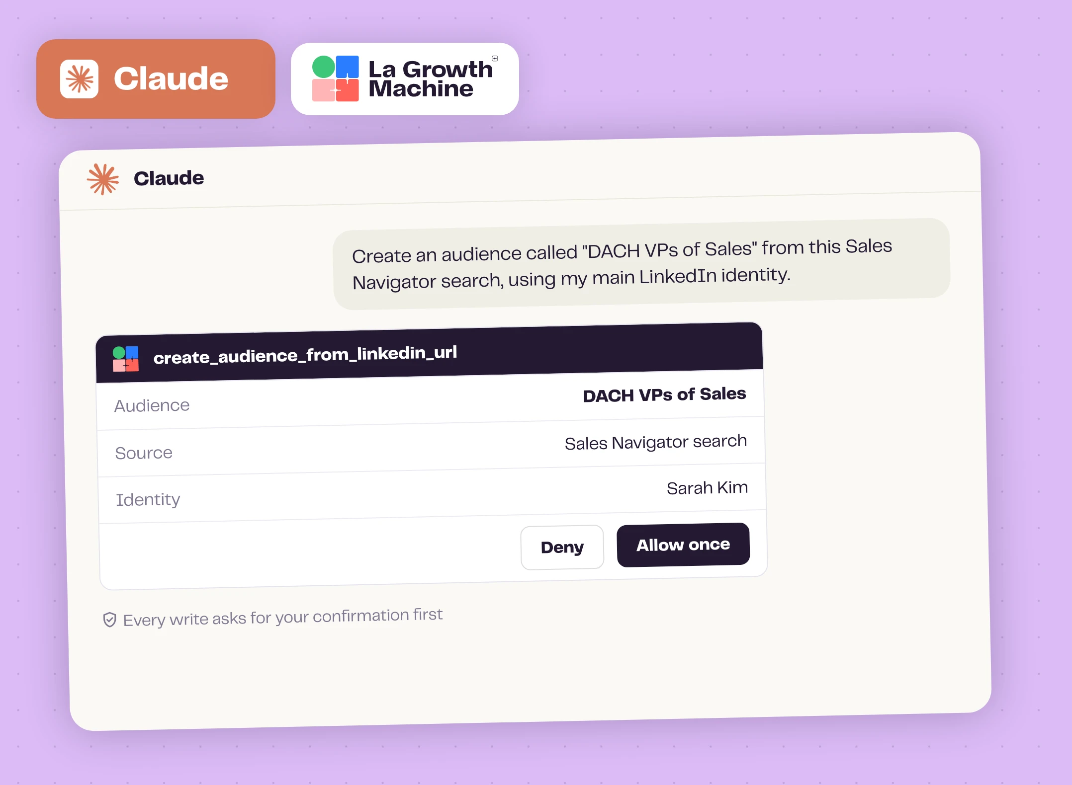 Claude asking confirmation before creating a La Growth Machine audience
