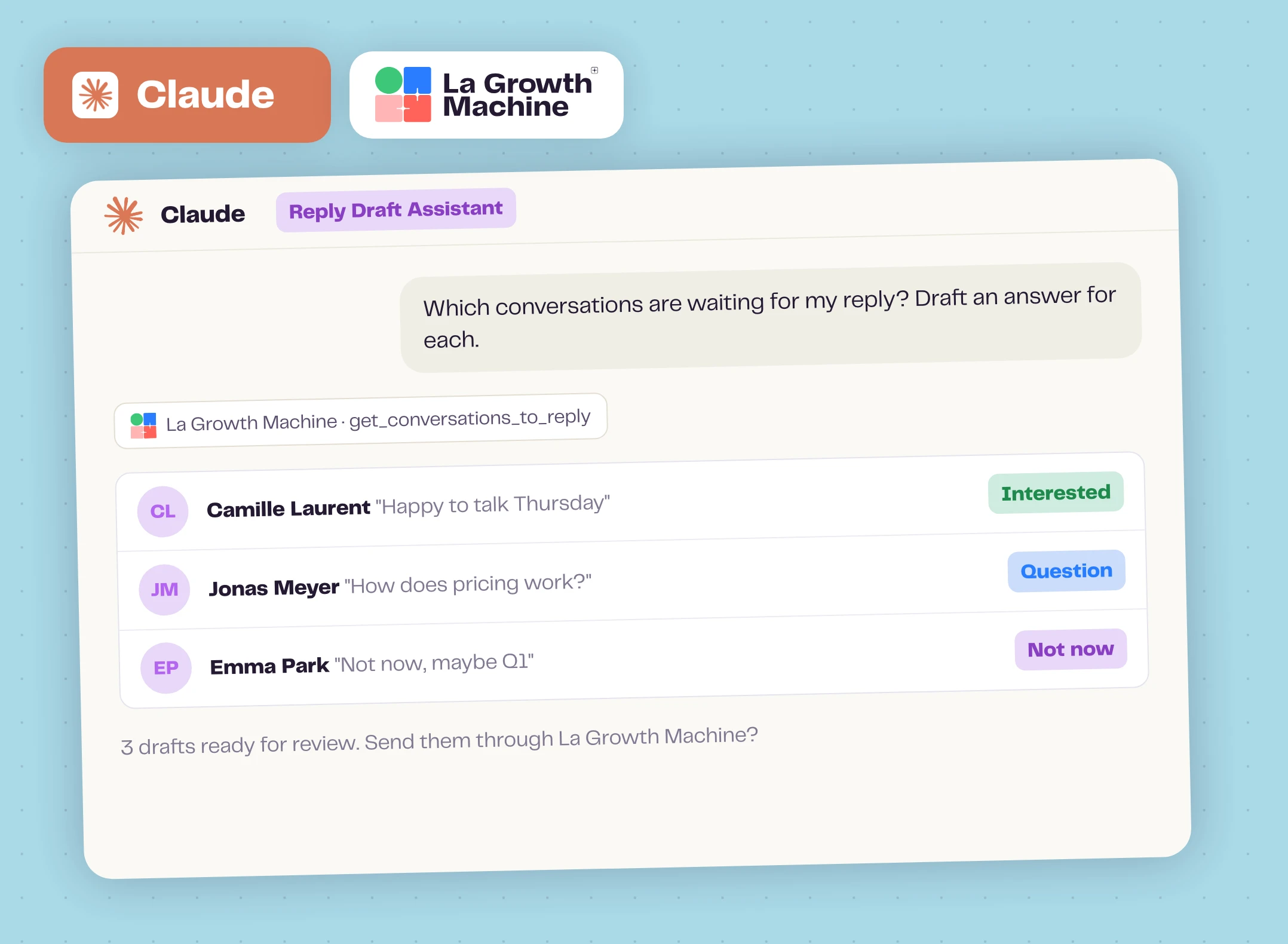 The Reply Draft Assistant skill triaging La Growth Machine conversations in Claude