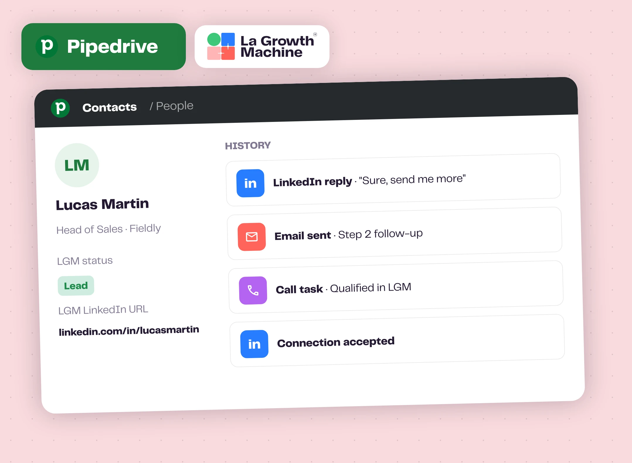 A Pipedrive contact with La Growth Machine activities in its history