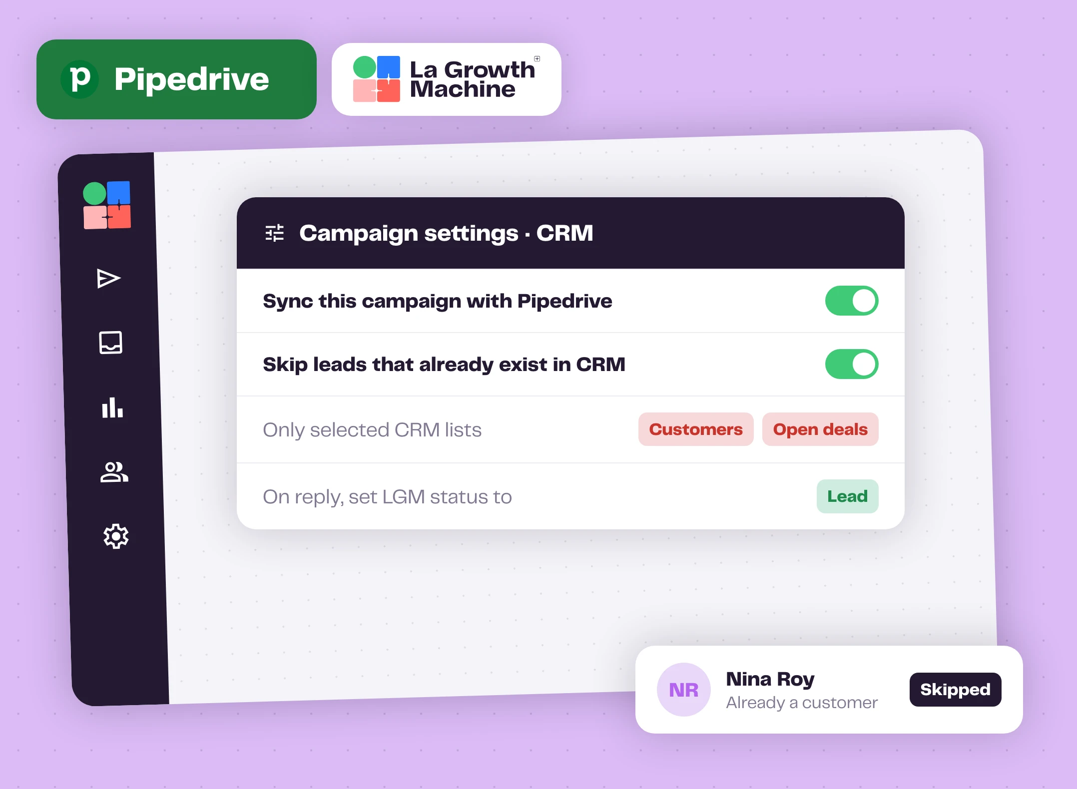 Campaign settings with Pipedrive sync and skip rules