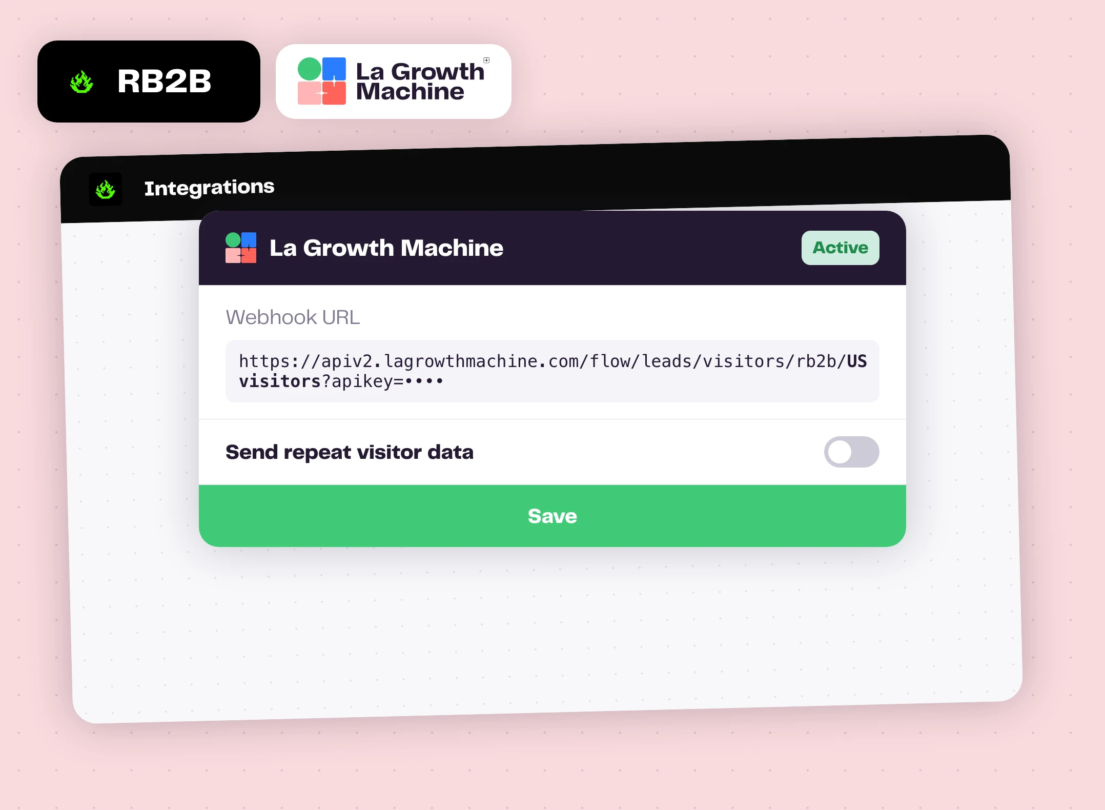 The La Growth Machine integration in RB2B with the webhook URL