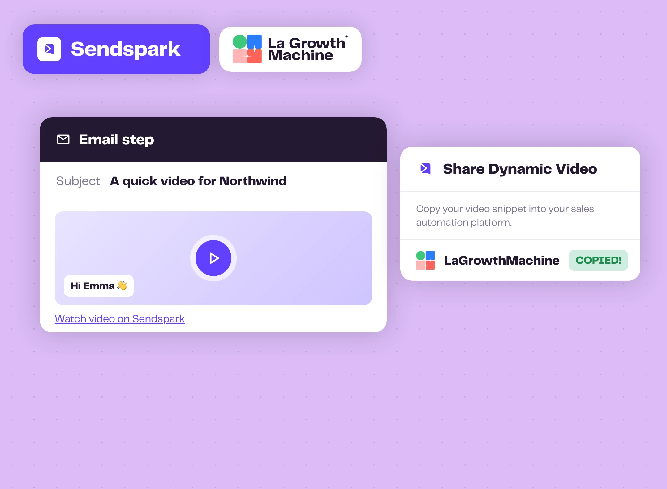 A La Growth Machine email step with the Sendspark video thumbnail and the Share Dynamic Video snippet