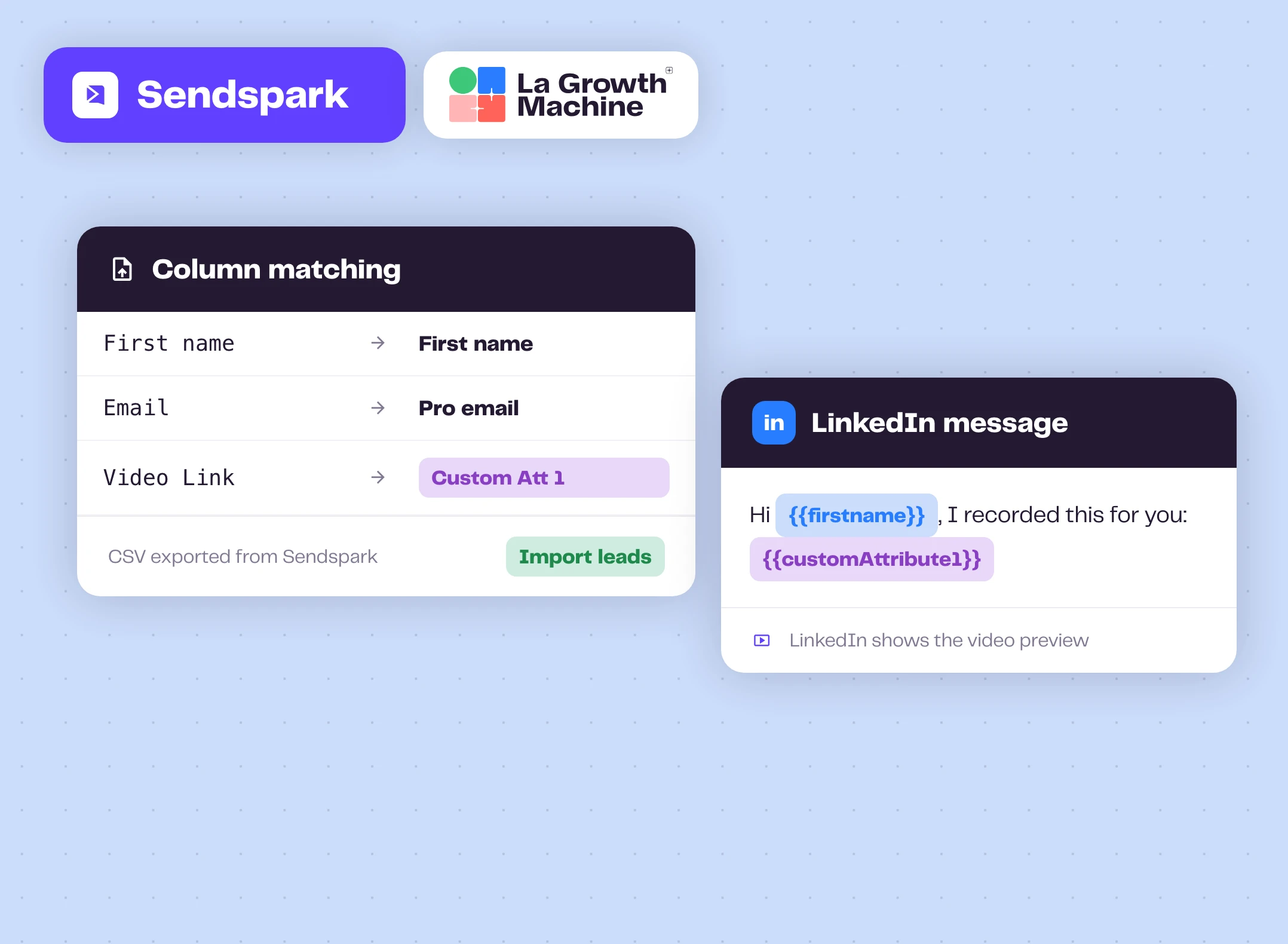 The Sendspark Video Link column mapped to a La Growth Machine custom attribute, used in a LinkedIn message