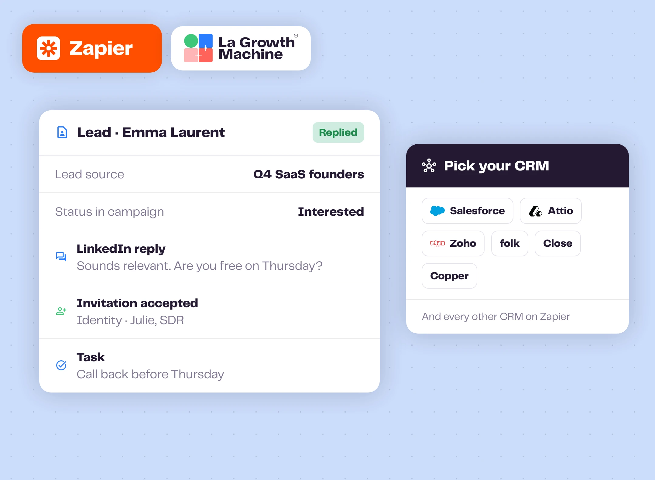 Un lead CRM avec la réponse, la campagne et la tâche enregistrées via Zapier, et les CRM disponibles