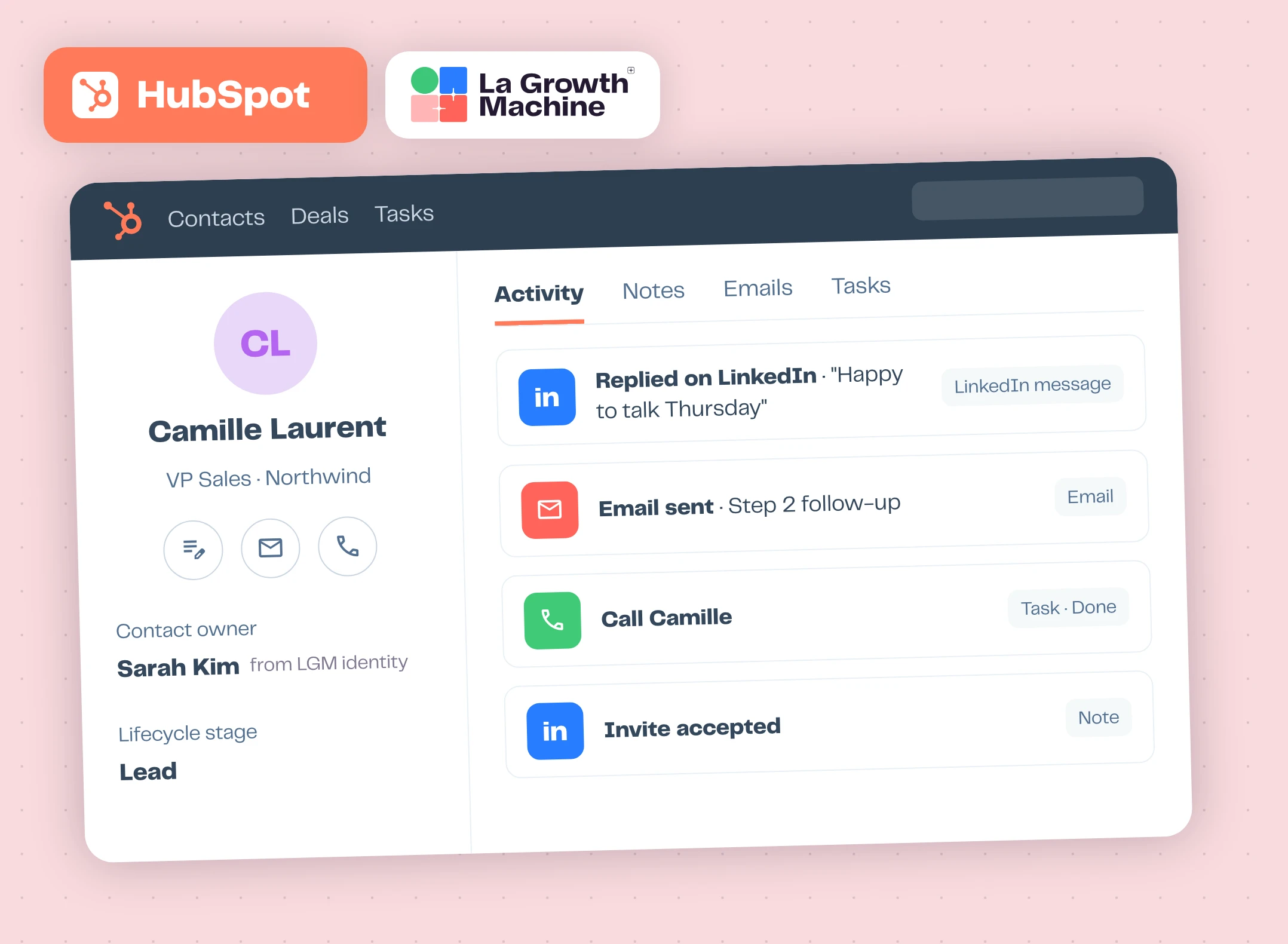 HubSpot contact timeline with La Growth Machine activities logged as native HubSpot activities