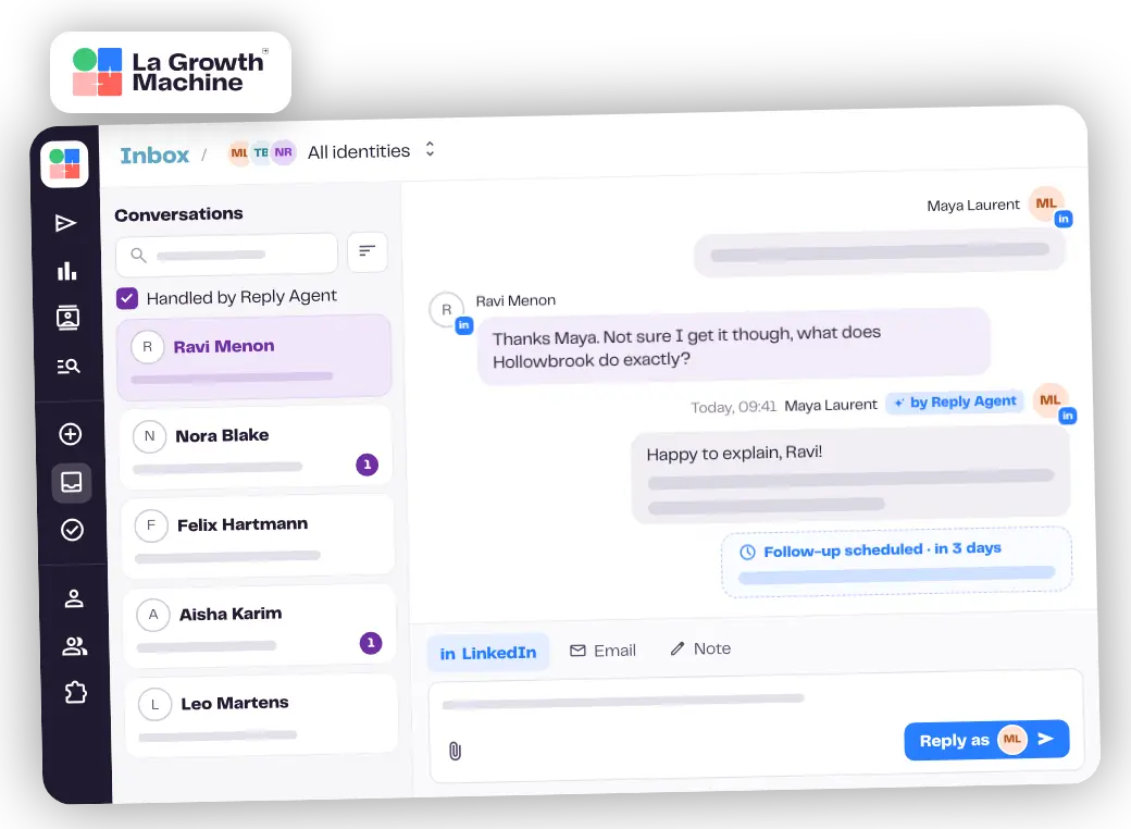 The La Growth Machine inbox filtered on Handled by Reply Agent: Reply Agent answers a lead's question from the rep's LinkedIn identity and schedules a follow-up