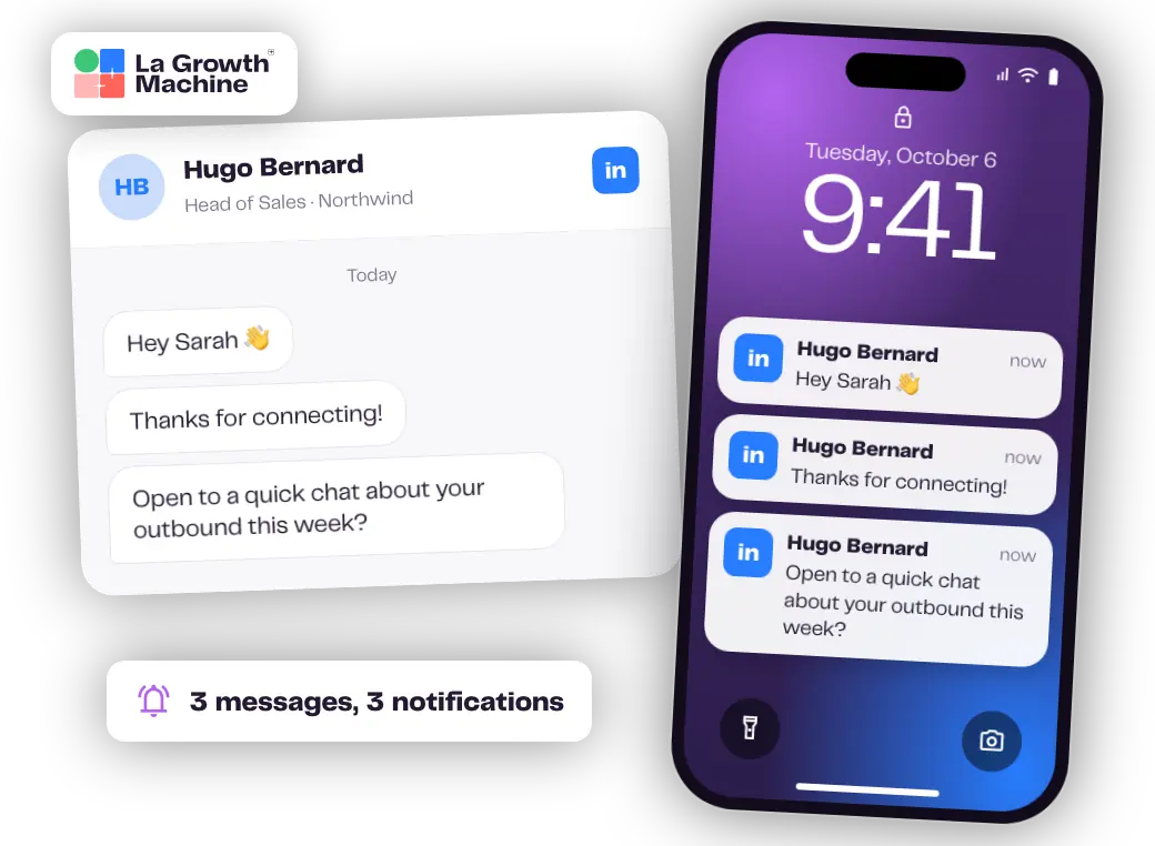 3 LinkedIn notifications from the same sender: Real Chat Mode sends 1 message as 3 short messages