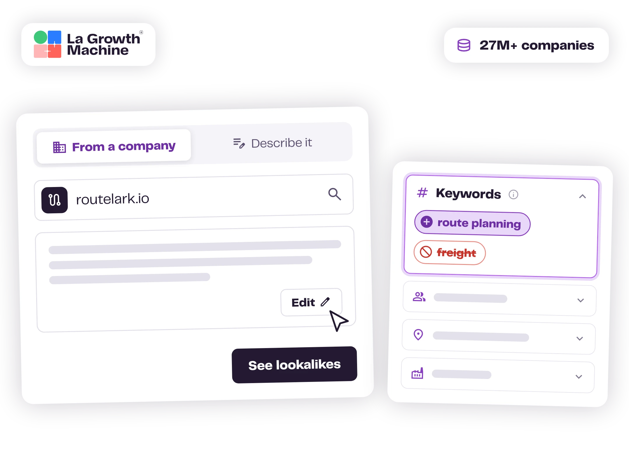 Lookalike Search from a company website, with an editable summary and keywords to include or exclude