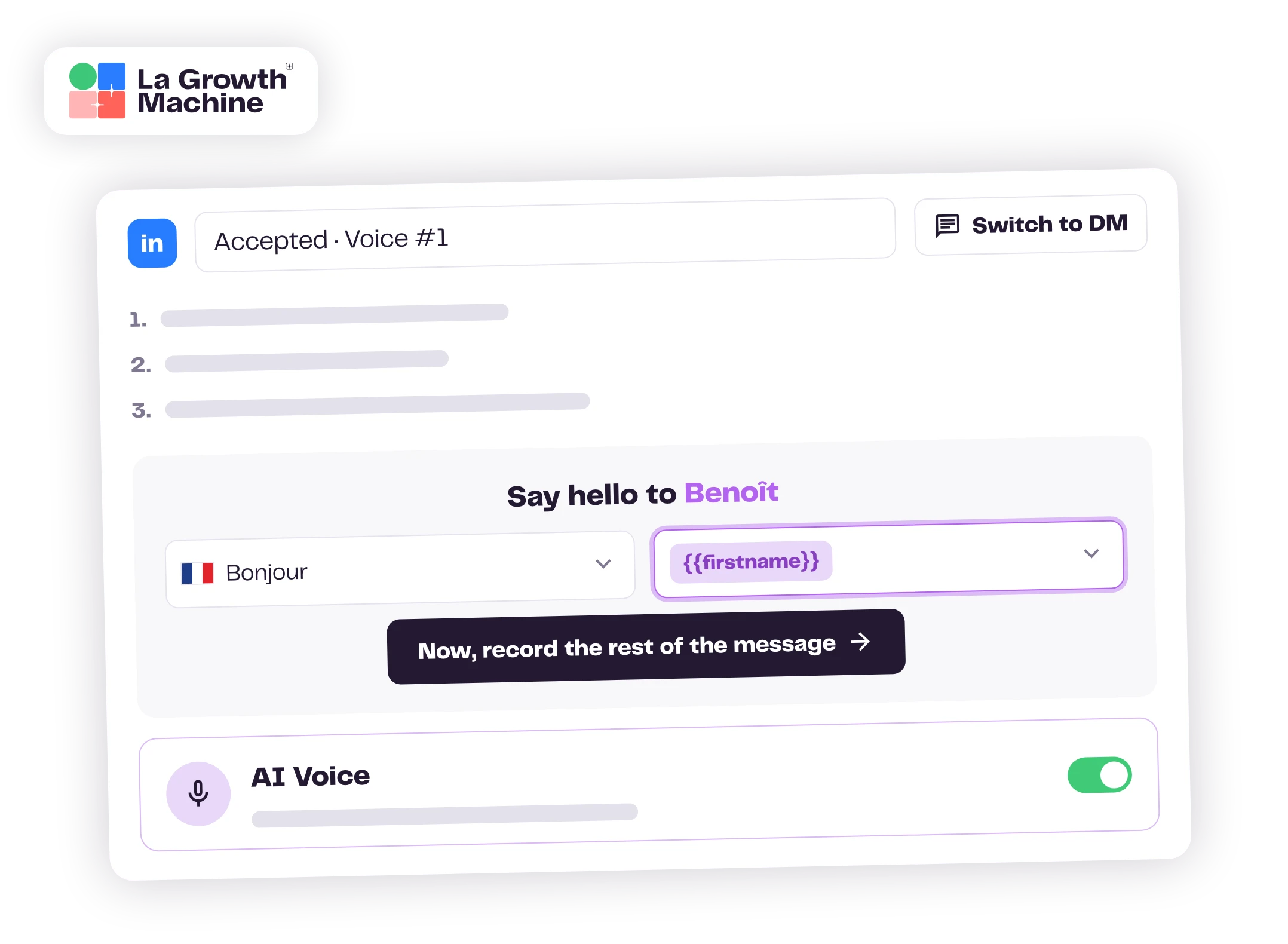 Les paramètres « Voix IA » d'une étape « Envoyer un message vocal » : un message d'accueil, la variable « prénom », puis le reste du message à enregistrer