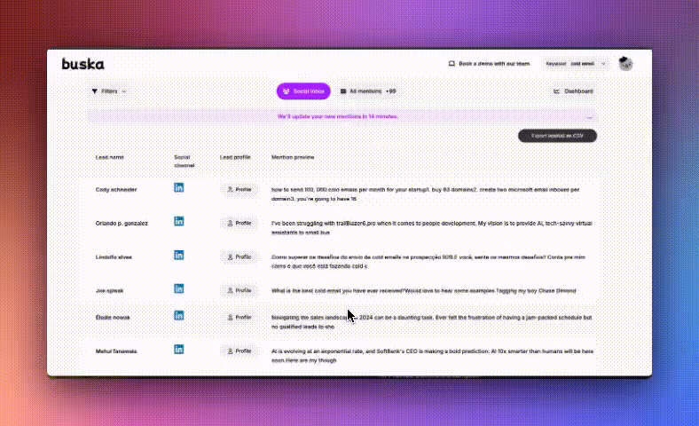 Set-up keyword monitoring & export leads from Buska