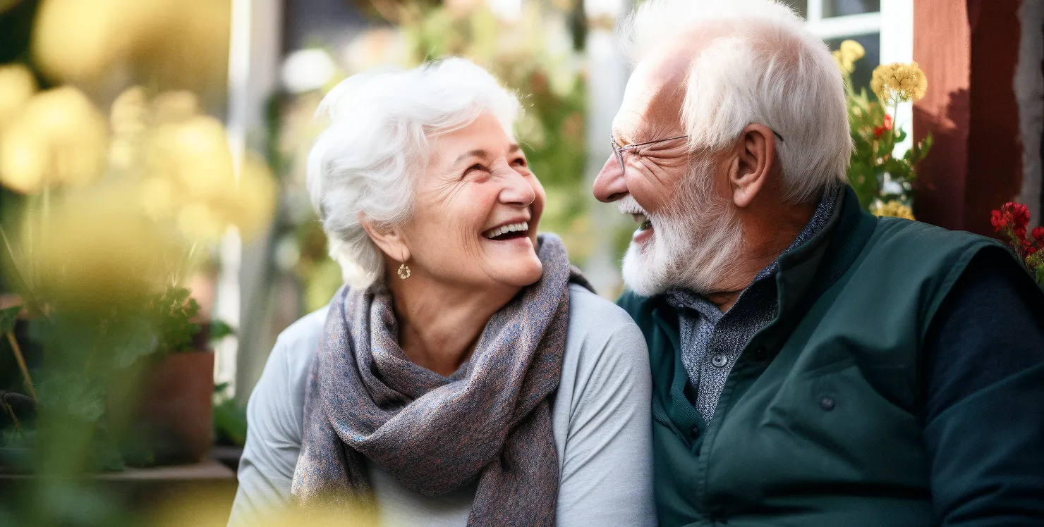 Smiling elderly couple with white hair looking at each other outdoors surrounded by plants and flowers.
