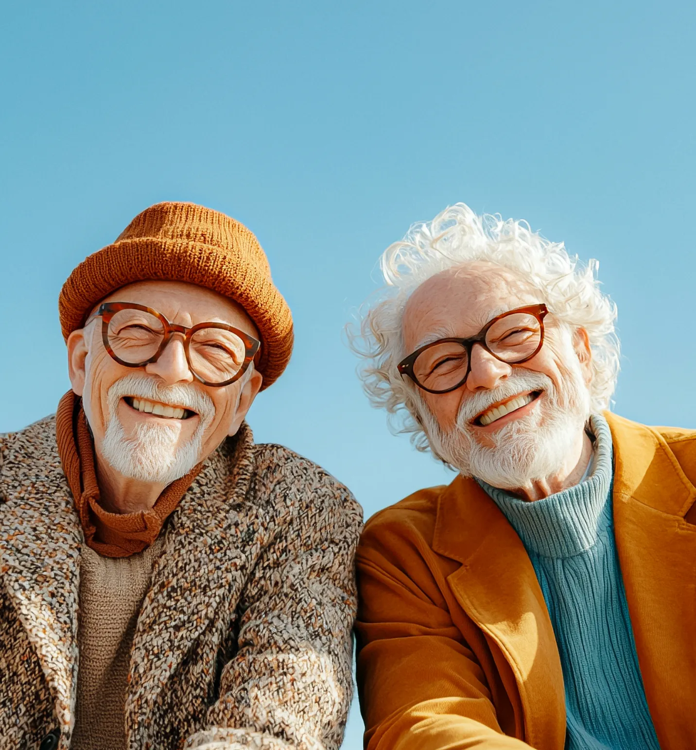 Two elderly men smiling outdoors against a clear blue sky, one wearing an orange knit hat and patterned coat, the other with curly white hair wearing a mustard jacket and blue sweater.