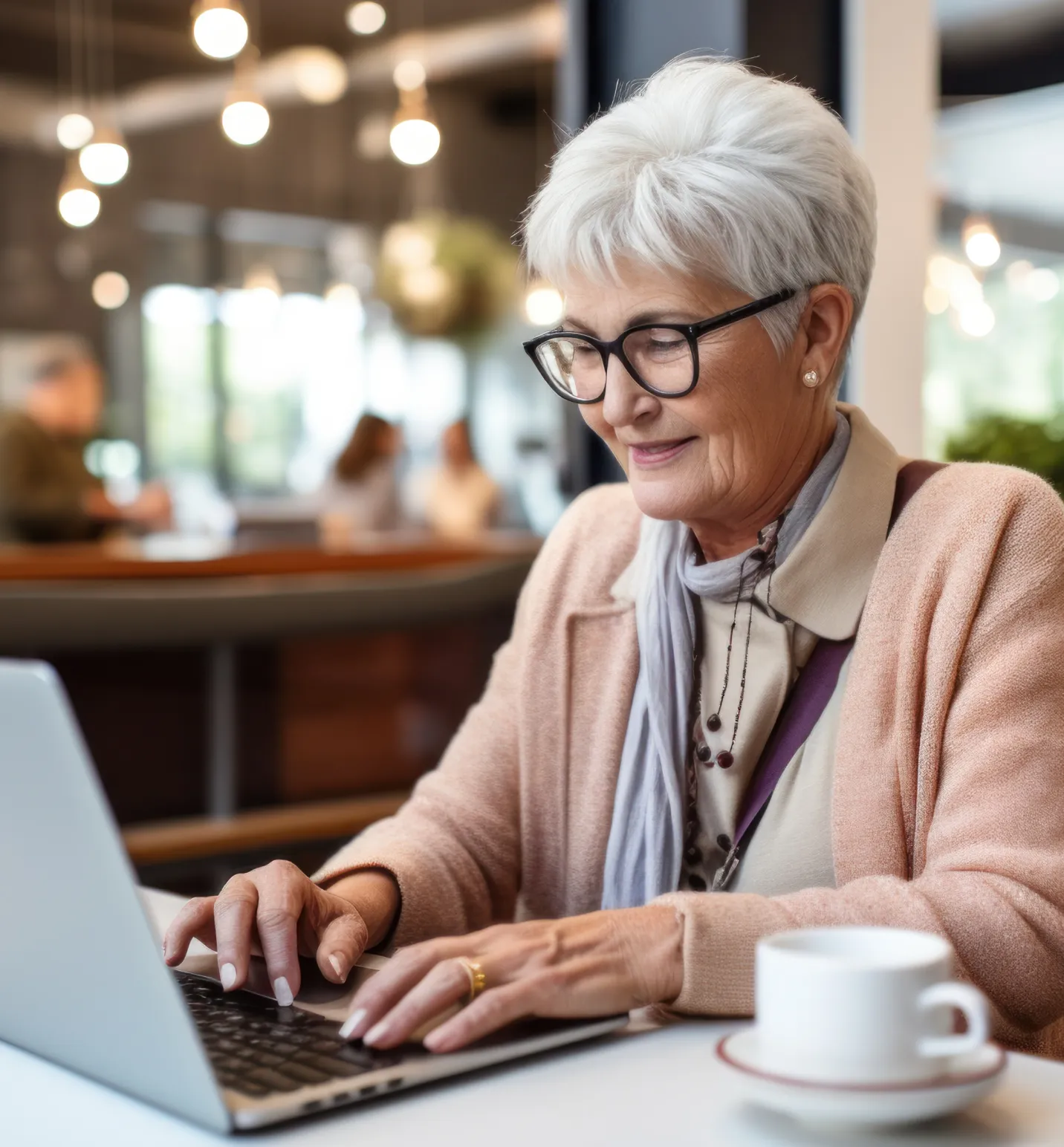 Senior woman with white hair and glasses typing on a laptop in a cozy café with a cup of coffee nearby.