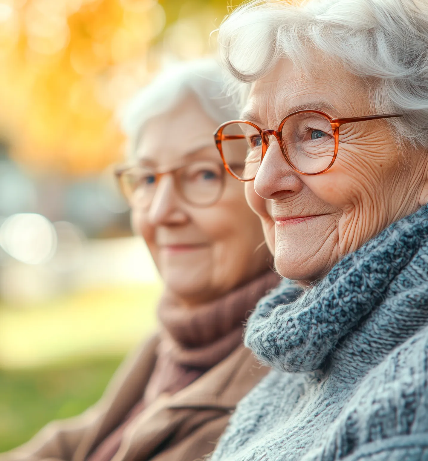 Two elderly women with white hair and glasses sitting outdoors in autumn, one wearing a gray knit sweater.