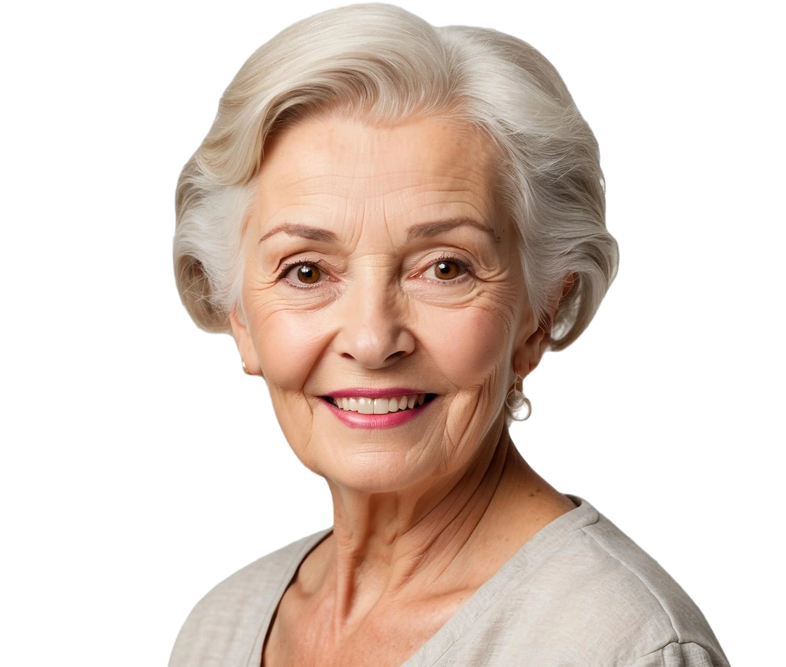Smiling elderly woman with white hair and light beige top against a black background.
