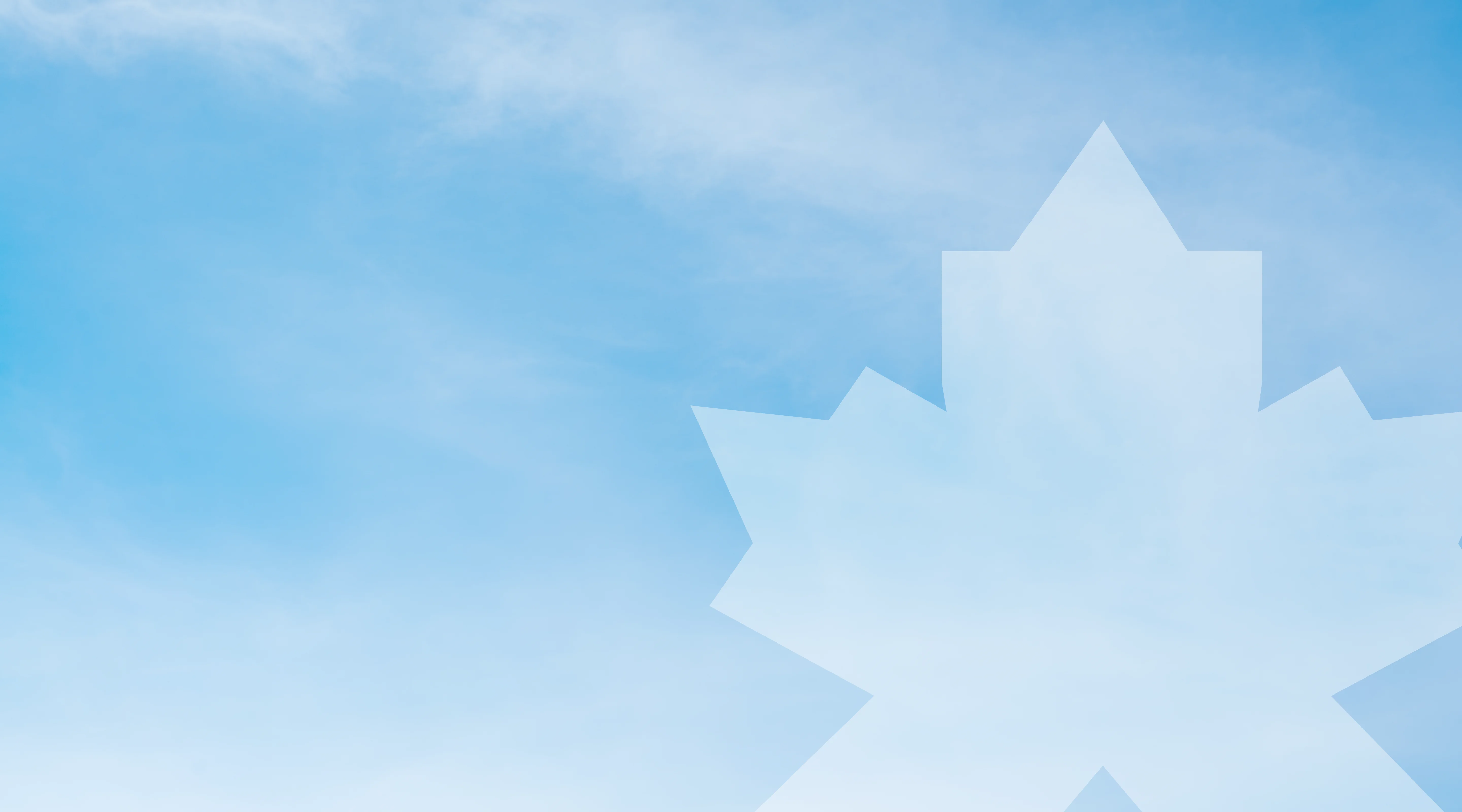 Blue sky with soft clouds and a faint, large translucent maple leaf shape on the right side.