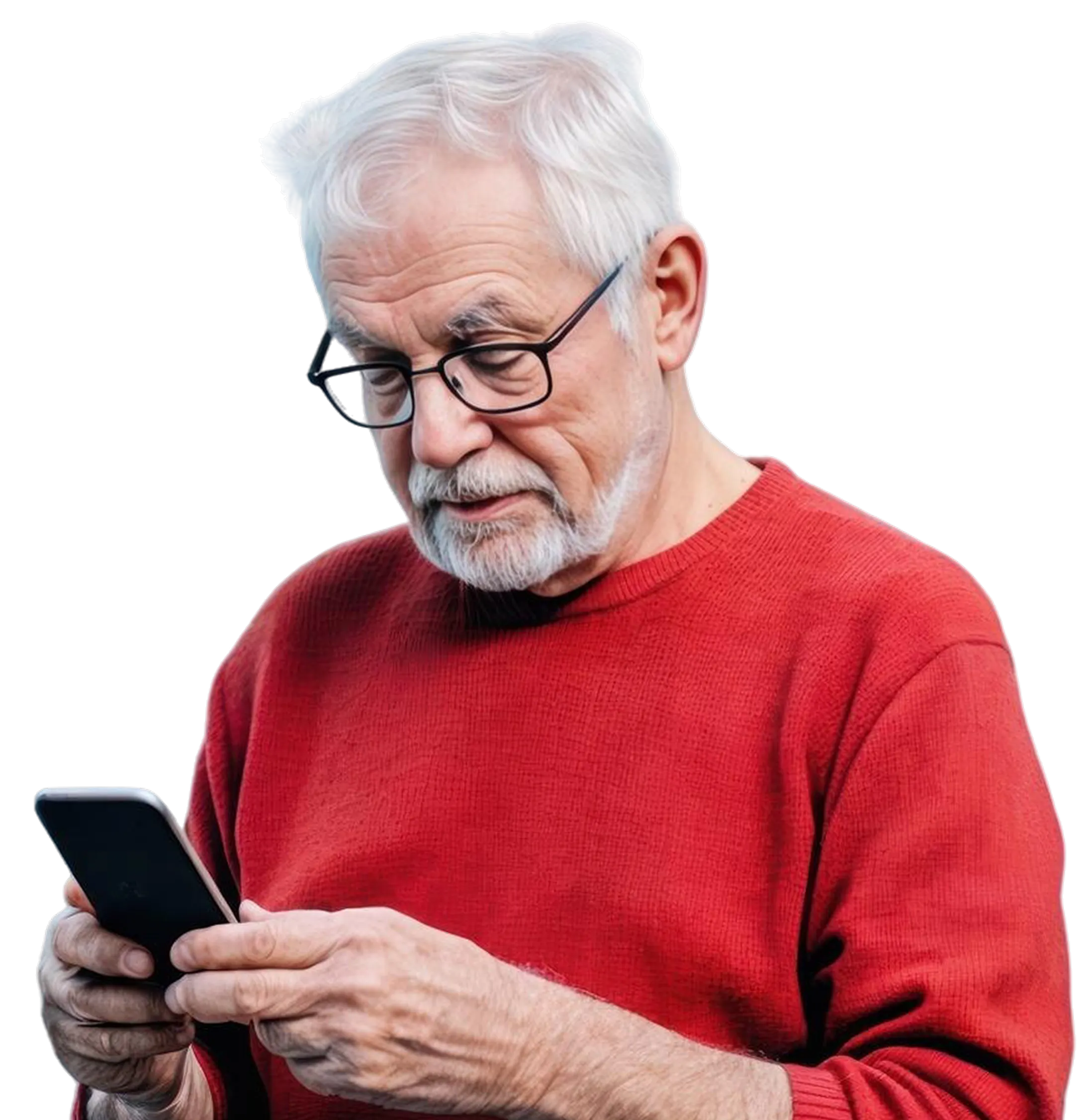 Elderly man with white hair and glasses wearing a red sweater, looking at and using a smartphone.