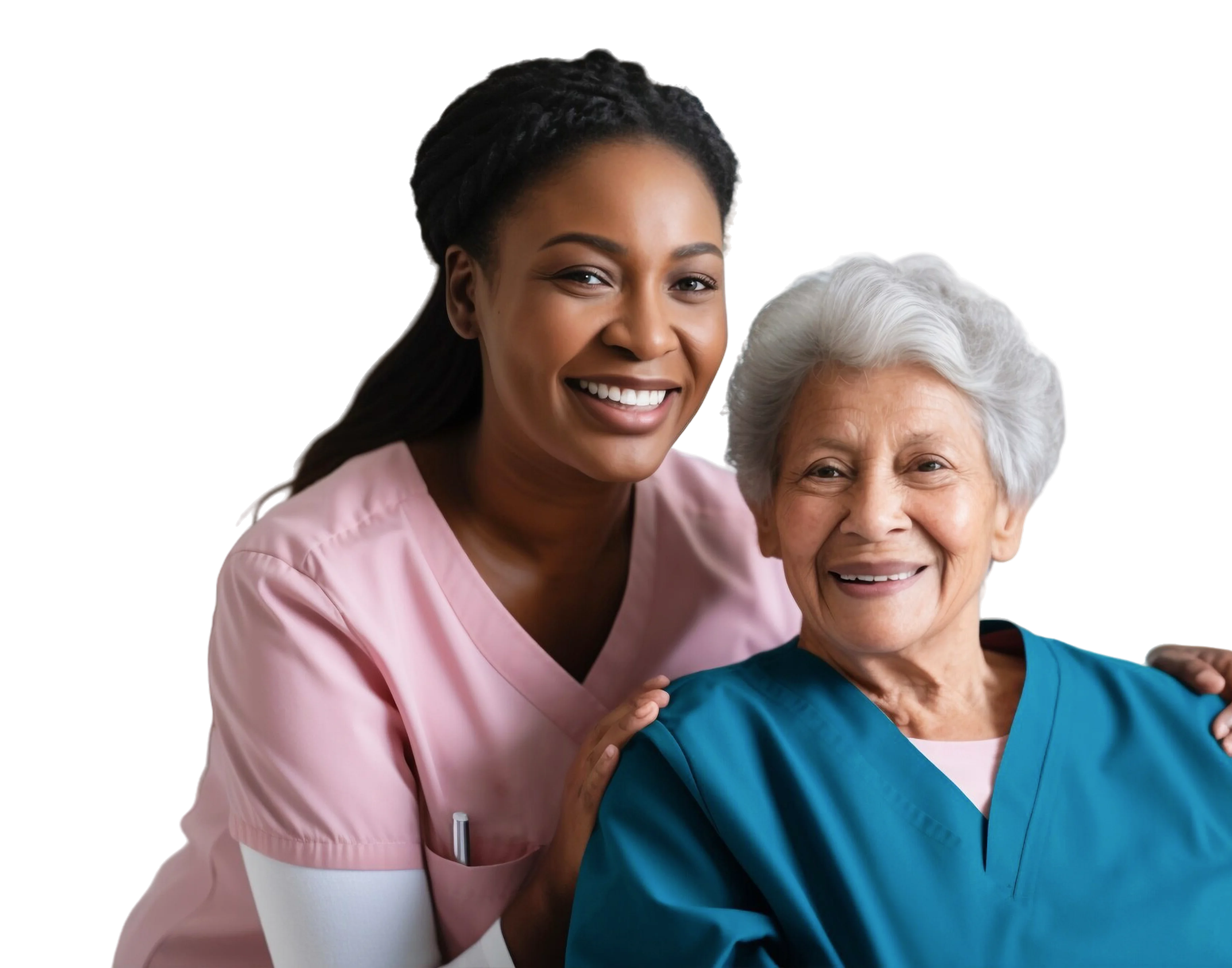 Caregiver in pink scrubs smiling alongside an elderly woman in a senior living community.