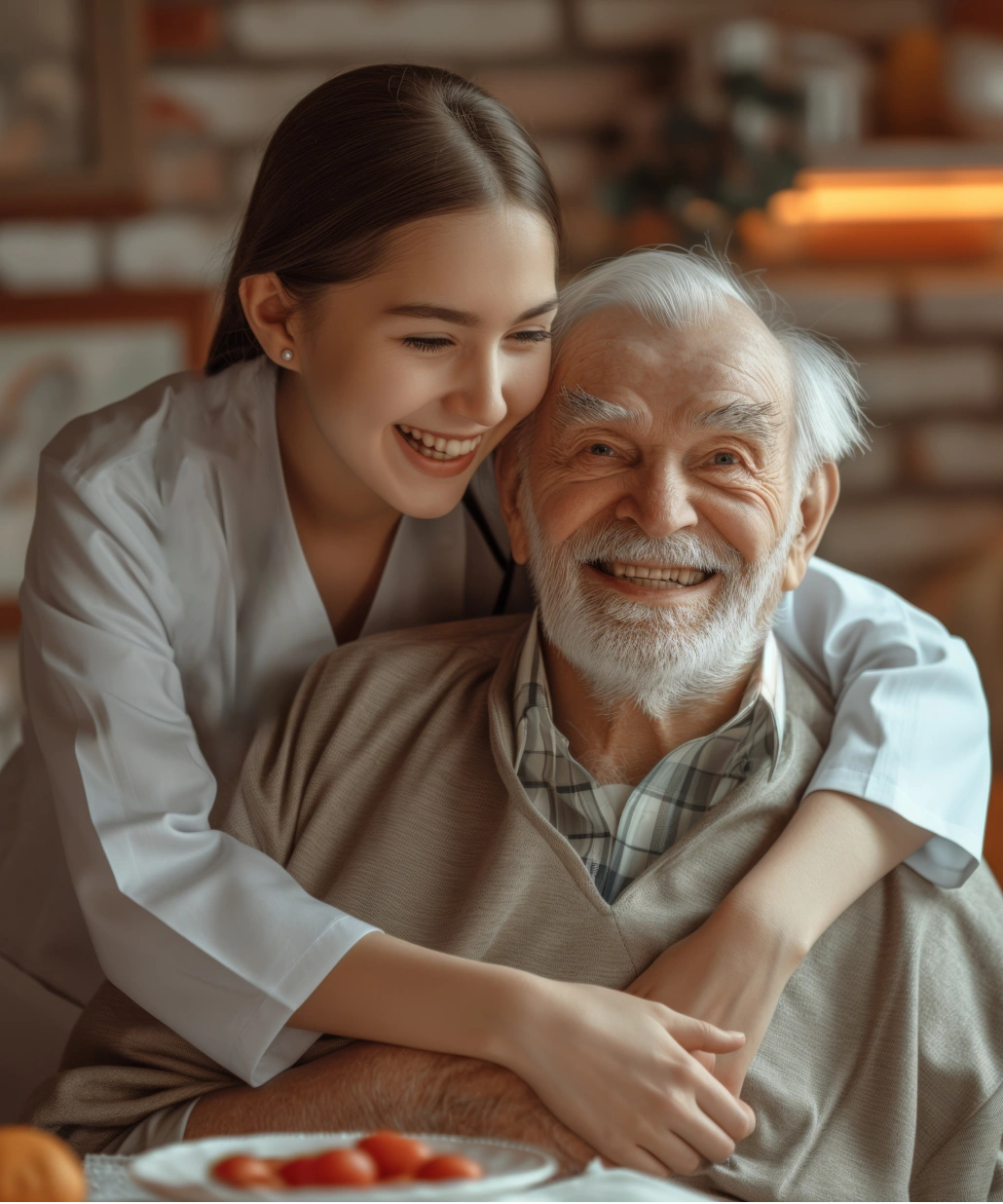 Young woman in white coat joyfully hugging smiling elderly man with white beard.