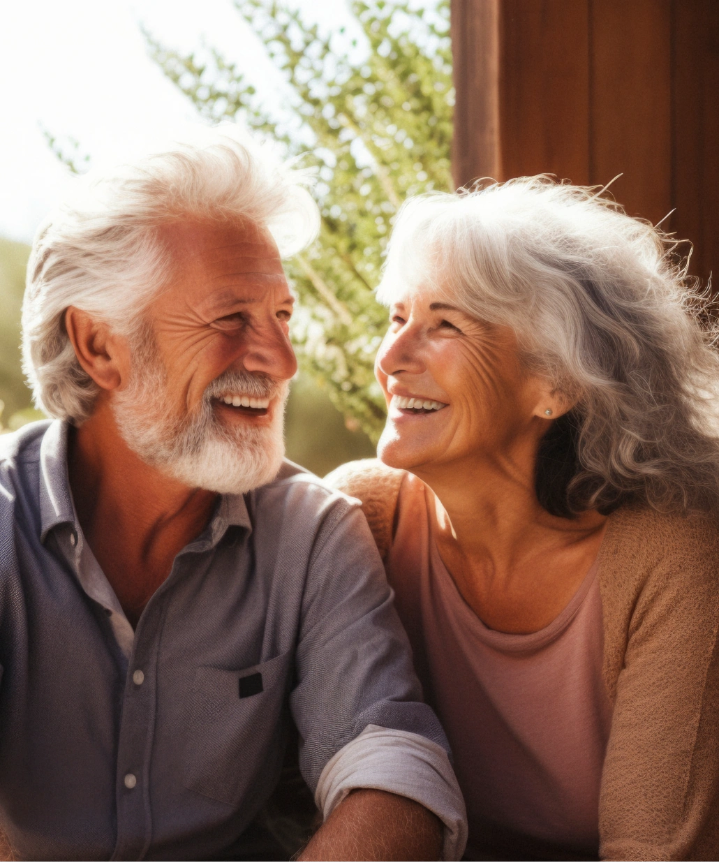 Smiling elderly man with white hair and beard looking at a joyful elderly woman with long gray hair.
